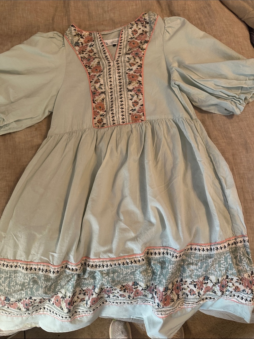 Zara Pale Blue Embroidered Cotton Dress with Pink Accents